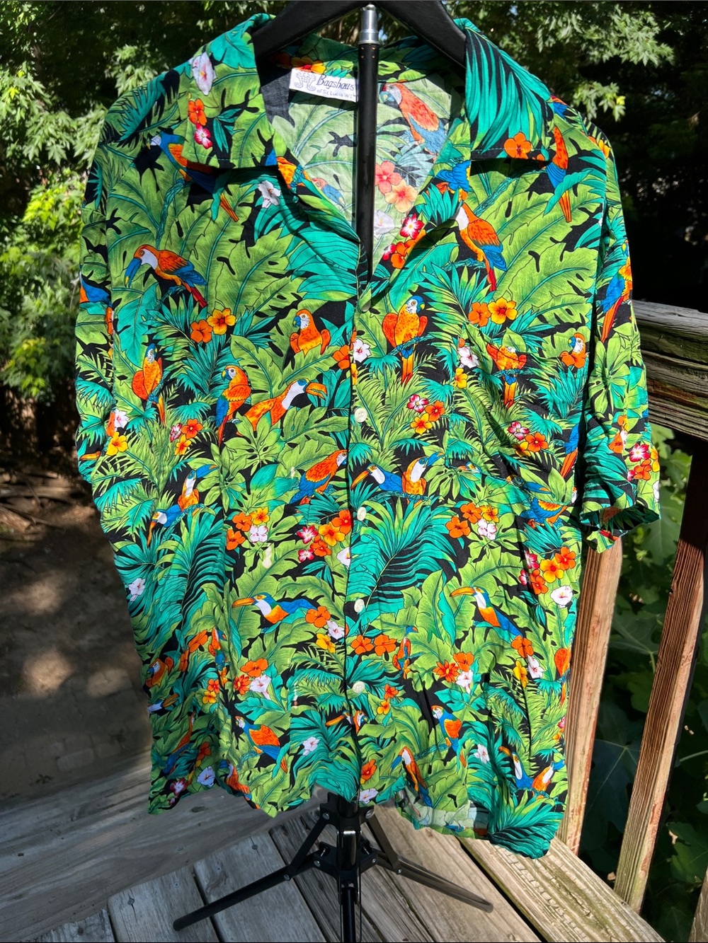 The Bagshaws of St. Lucia Vibrant Tropical Print Men’s Shirt with Parrot Motif